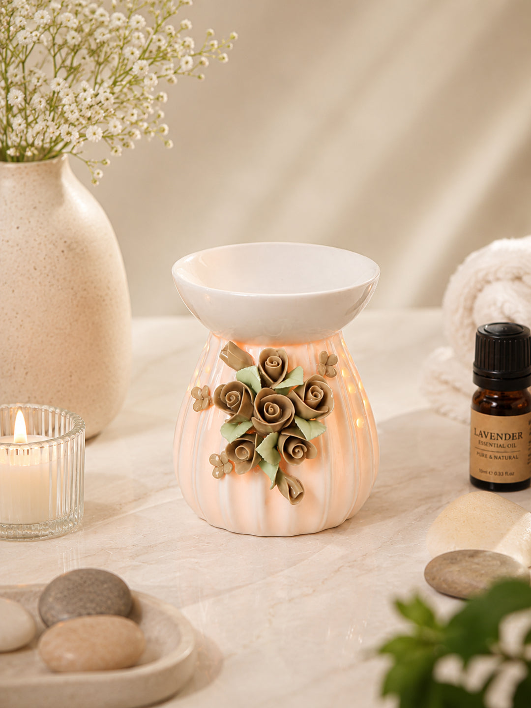 Ivory Ribbed Ceramic Rose Oil Burner Artisan Home Fragrance Decor
