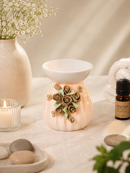 Ivory Ribbed Ceramic Rose Oil Burner Artisan Home Fragrance Decor