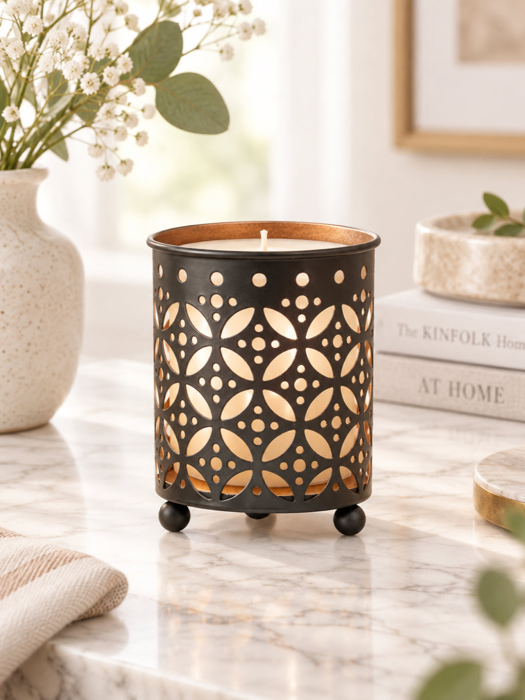 Geometric Dot Pattern Metal Tealight Lantern Black Copper Glow