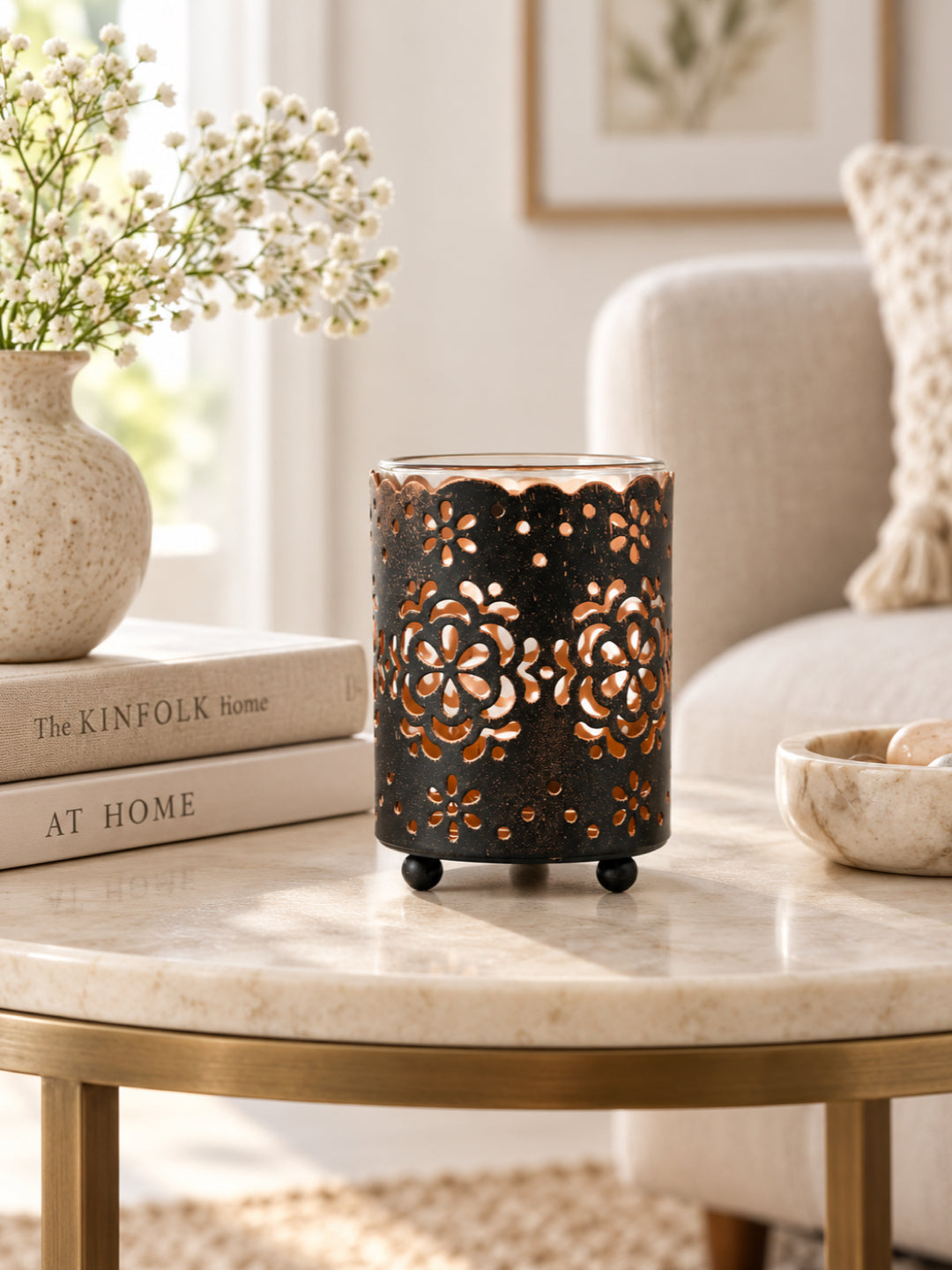 Black Metal Floral Cutout Tealight Candle Holder