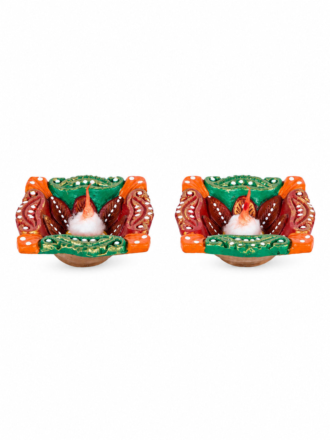 Green & Orange Handpainted Set of 4 Diwali Diya