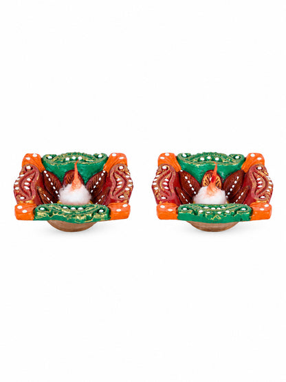 Green & Orange Handpainted Set of 4 Diwali Diya