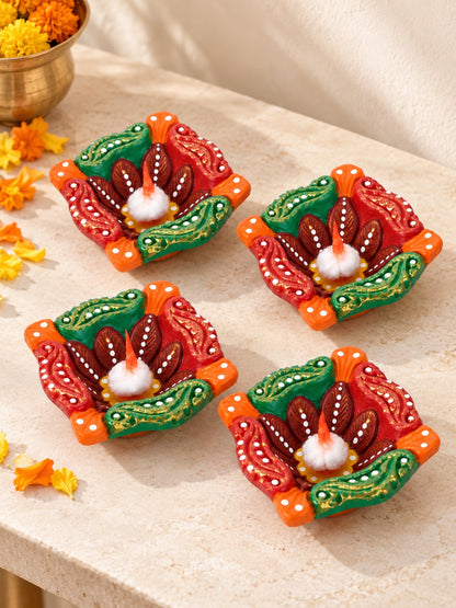 Green & Orange Handpainted Set of 4 Diwali Diya