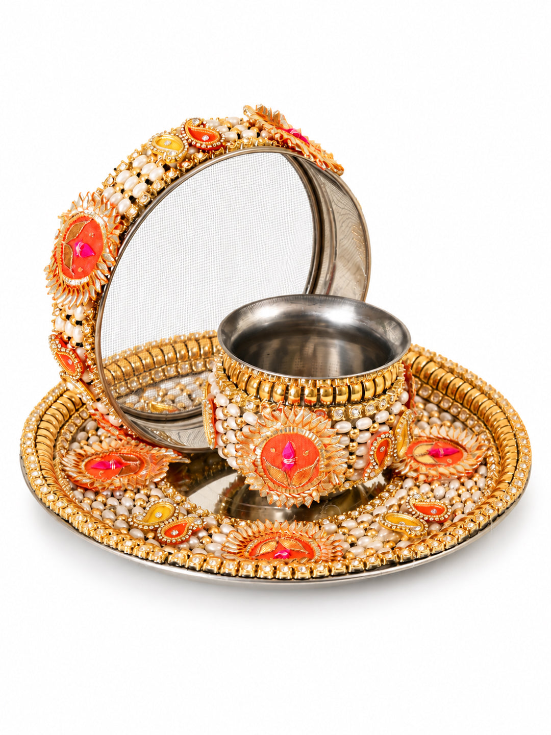 GoldToned & Orange-Colored Embellished Pooja Thali With Lota & Challni