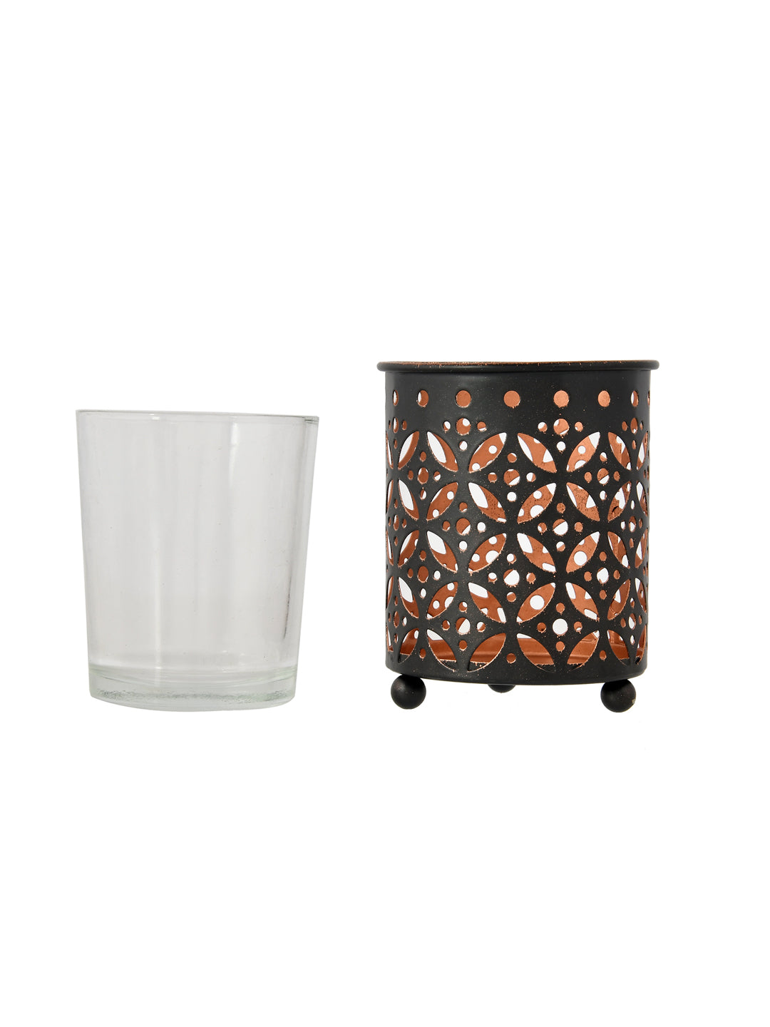 Geometric Dot Pattern Metal Tealight Lantern Black Copper Glow