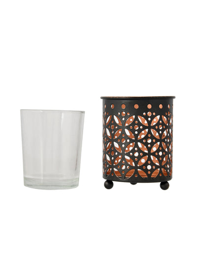 Geometric Dot Pattern Metal Tealight Lantern Black Copper Glow