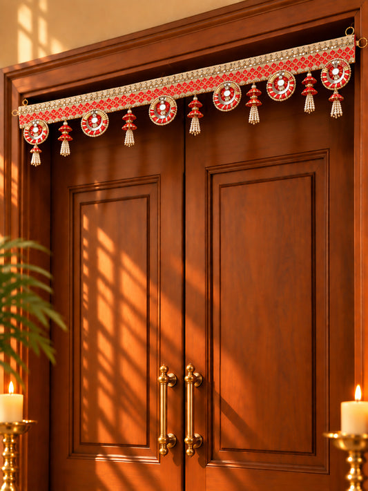 Red & White Beaded Decorative Toran with Hanging Tassels