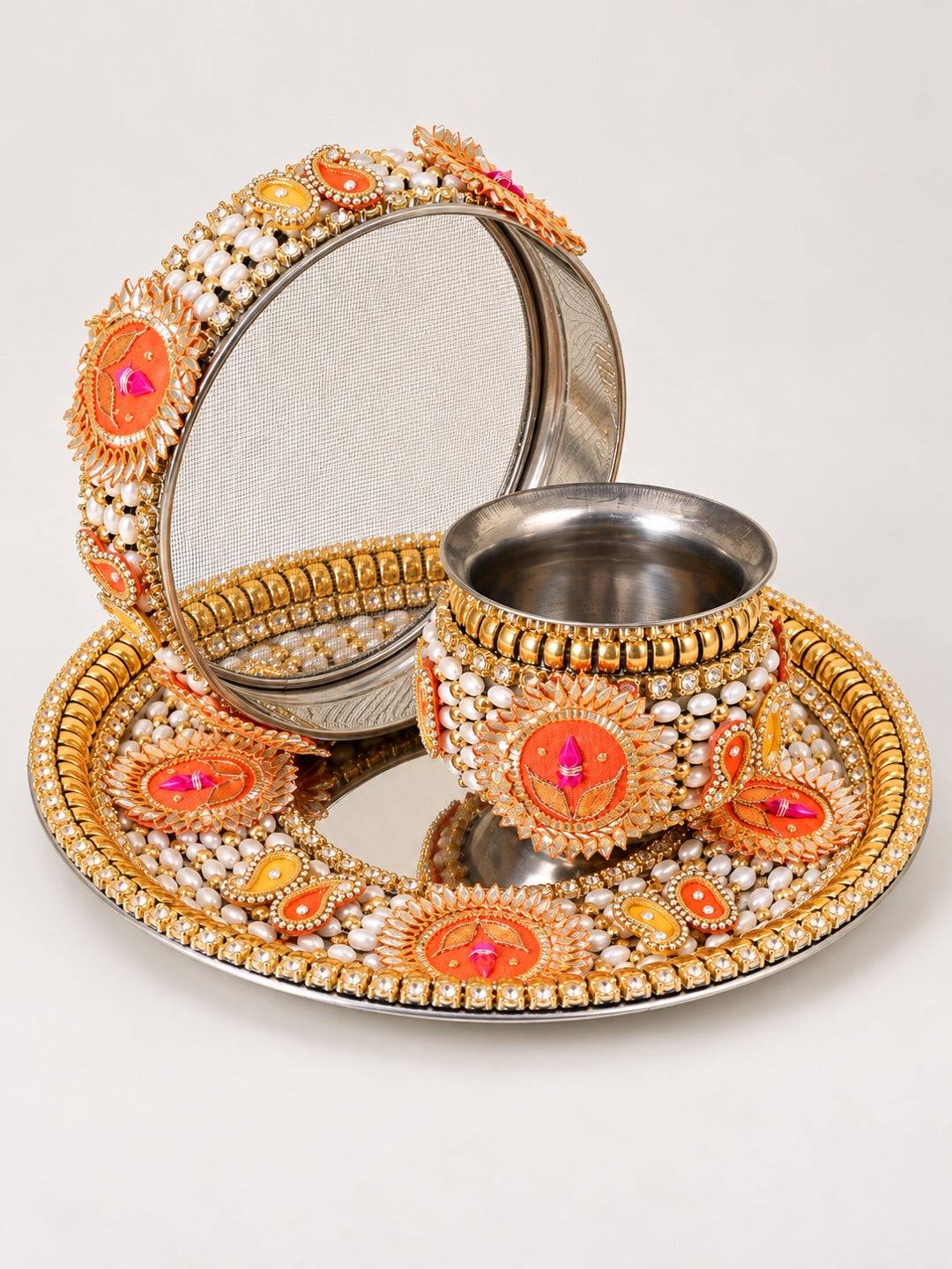 GoldToned & Orange-Colored Embellished Pooja Thali With Lota & Challni