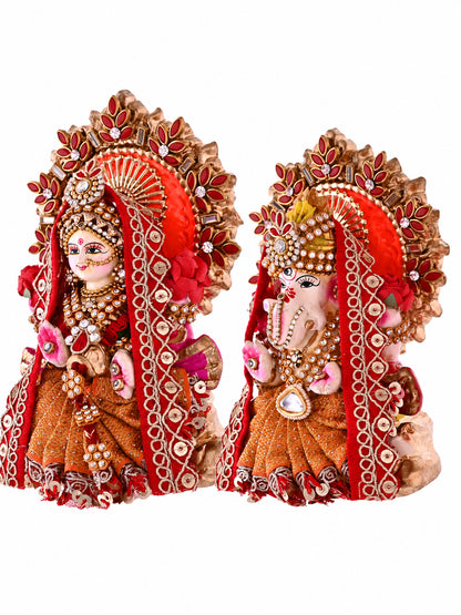 Orange Embellished Lakshmi Ganesh Idol Set