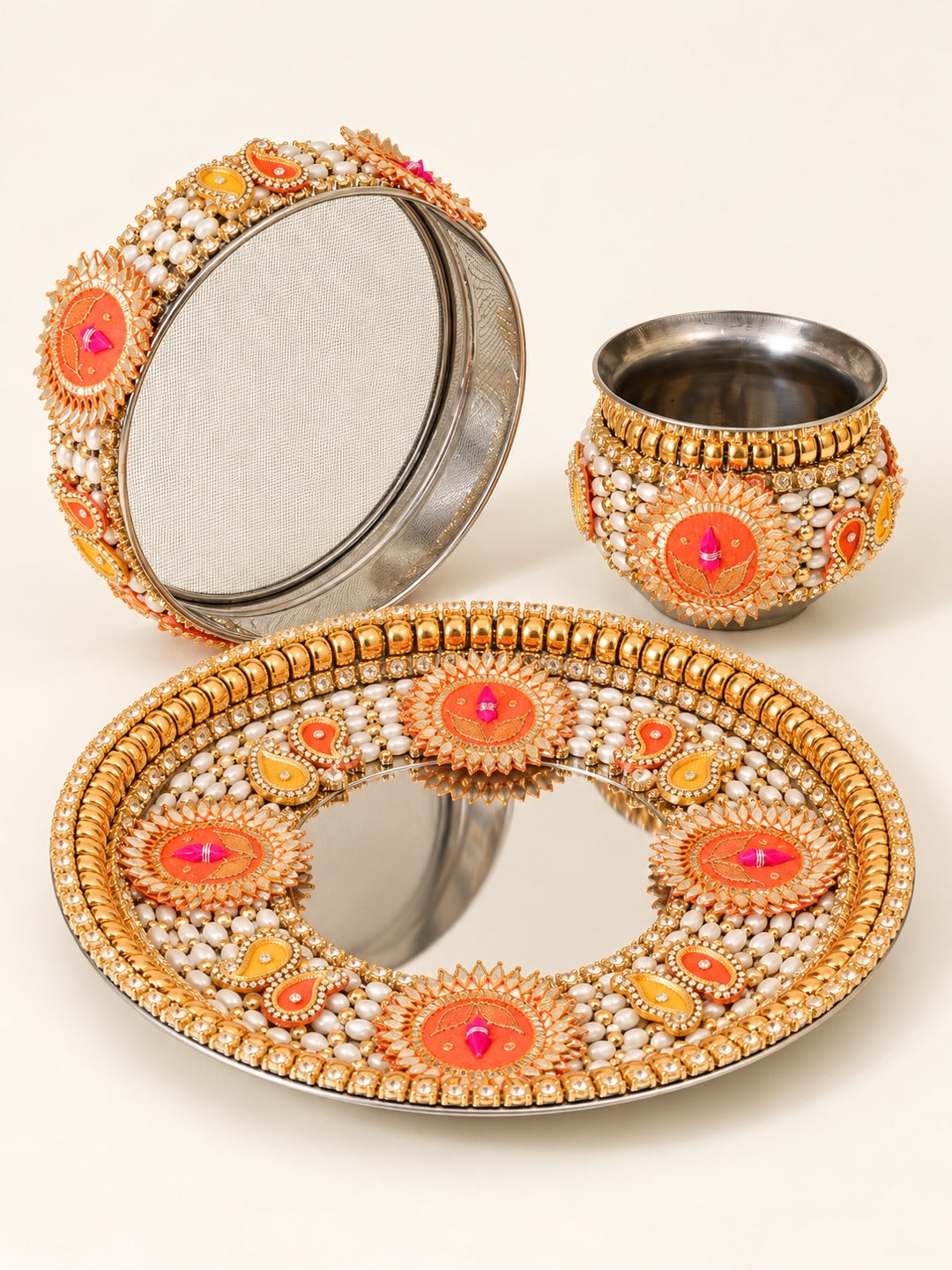 GoldToned & Orange-Colored Embellished Pooja Thali With Lota & Challni