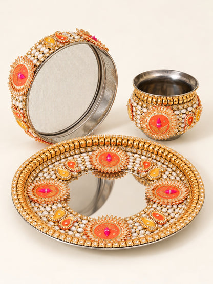 GoldToned & Orange-Colored Embellished Pooja Thali With Lota & Challni