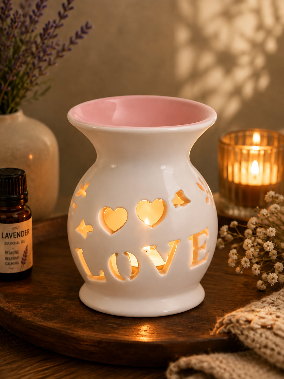 Pink LOVE Cutout Ceramic Oil Burner Tealight Aroma Diffuser