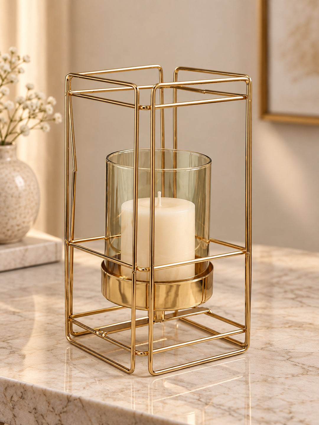 Gold Metal Geometric Glass Candle Holder