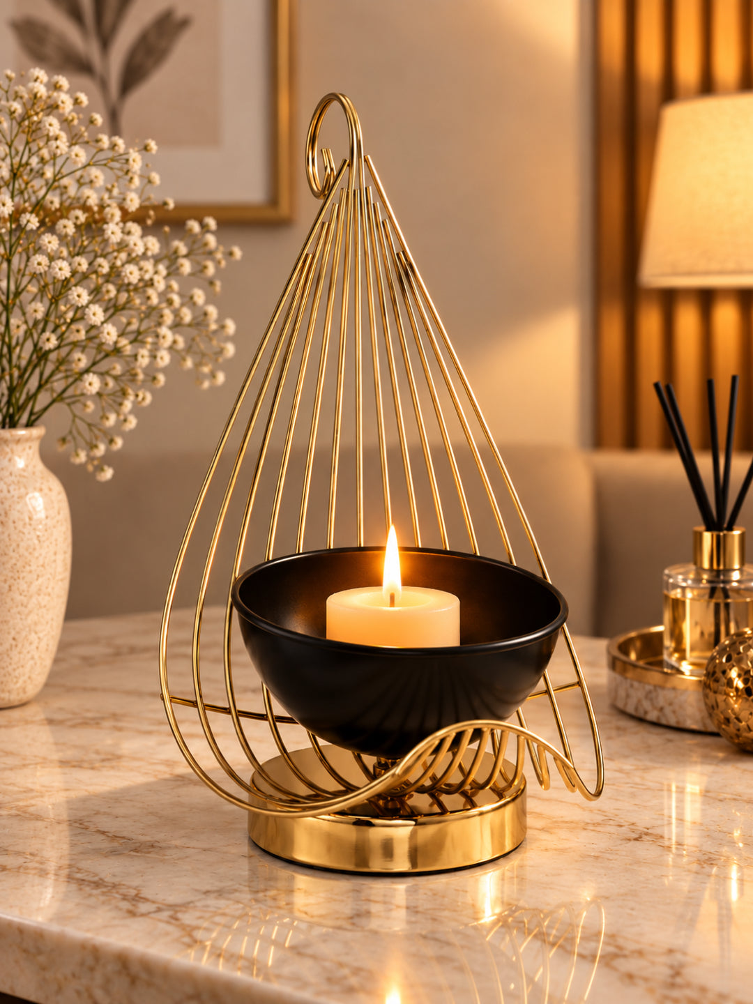 Gold Metal Hanging Candle Holder with Black Bowl