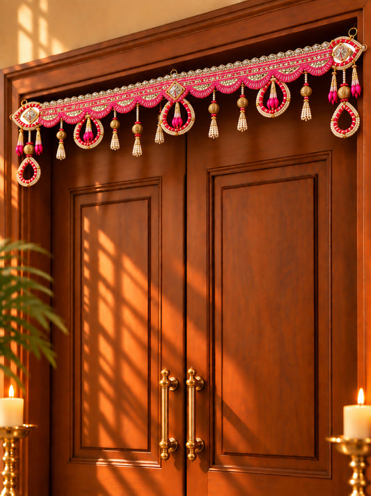 Handmade Pink & Cream Designer Door Hanging Bandarwal with Beaded Loops