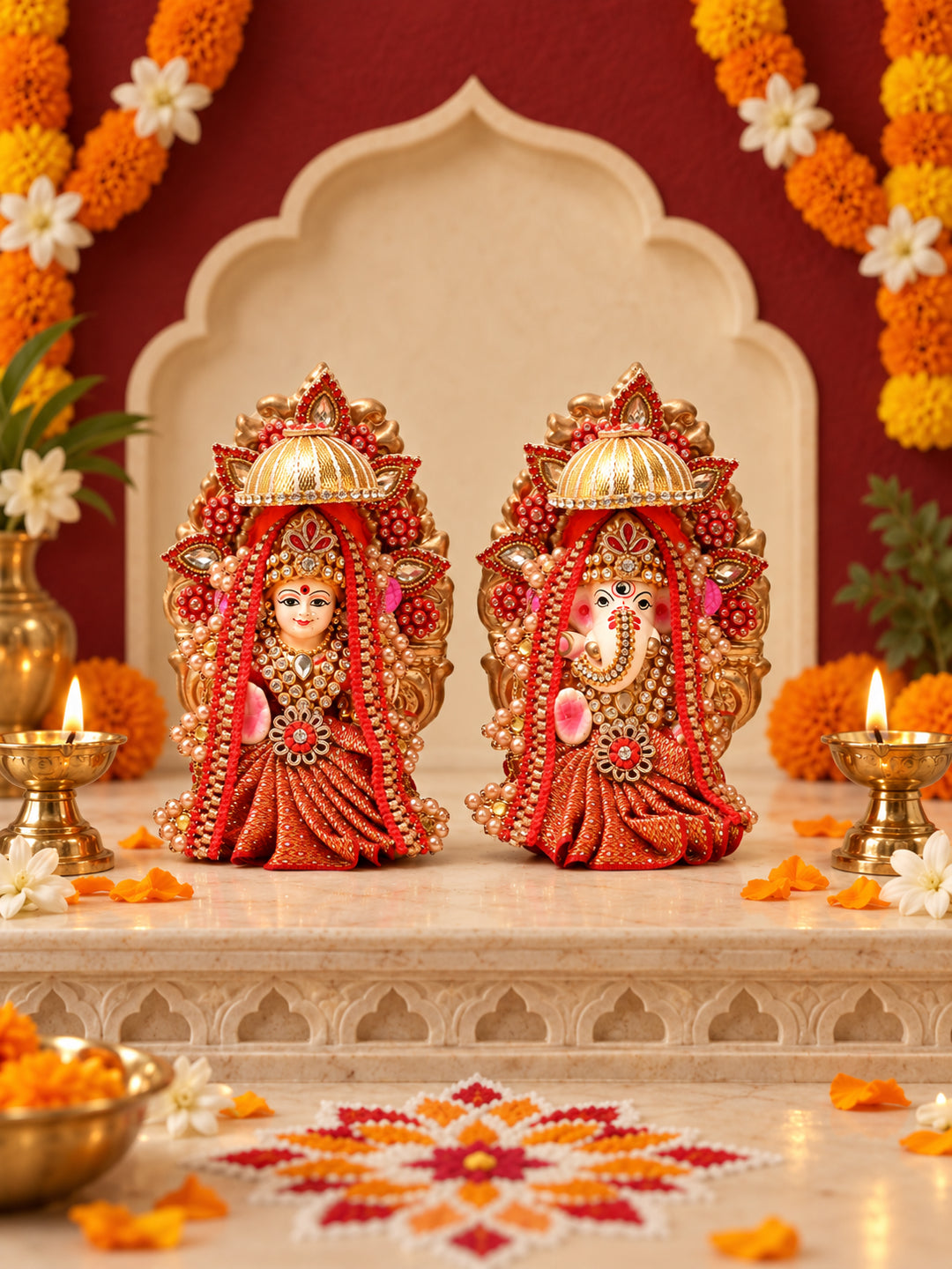Golden Red Royal Lakshmi Ganesh Idol Set