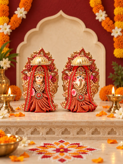 Golden Red Royal Lakshmi Ganesh Idol Set