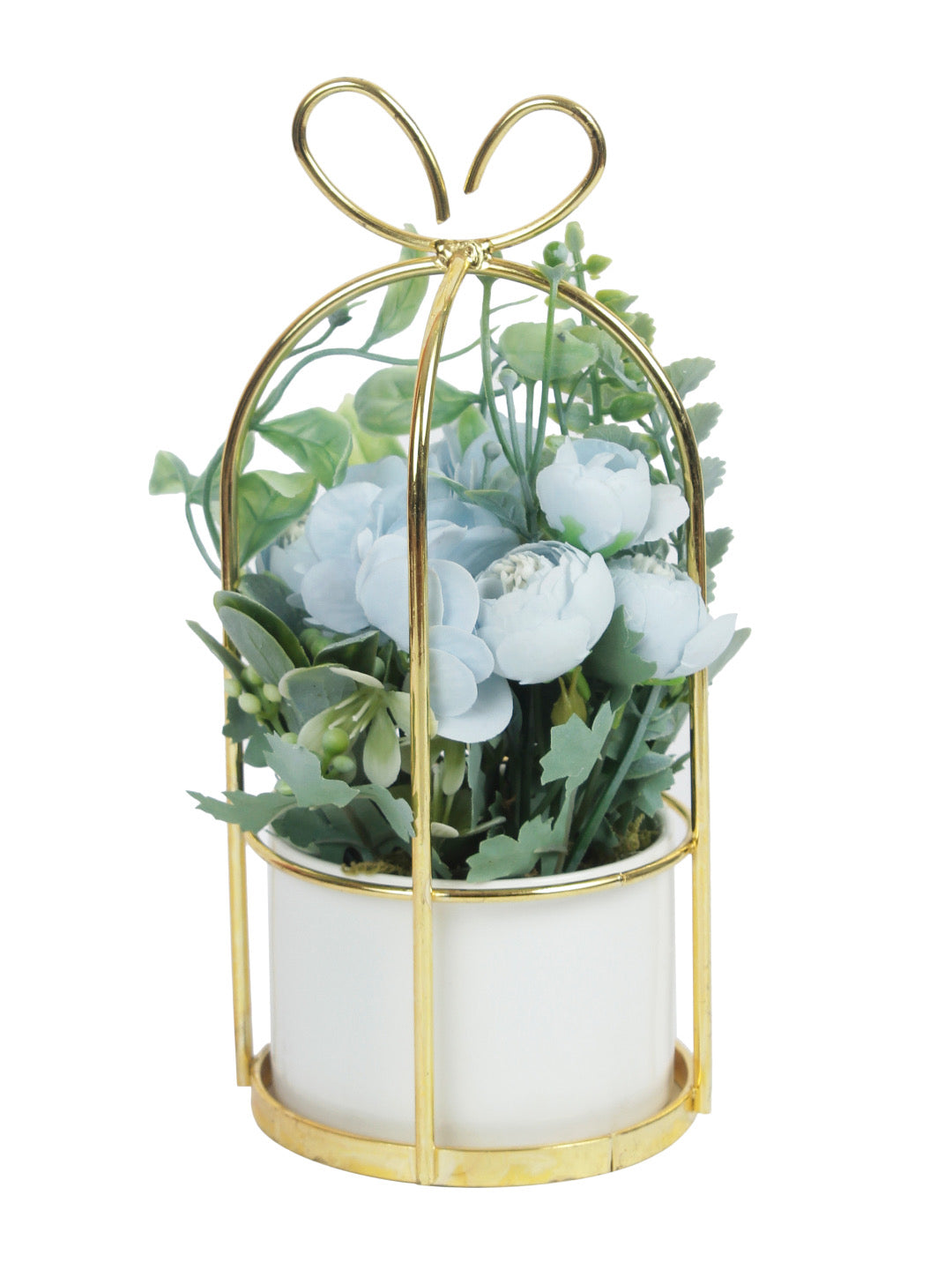 Blue and Green Artificial Plant with Flowers and Gold Plated Metel Stand - Default Title (APL20177BL)