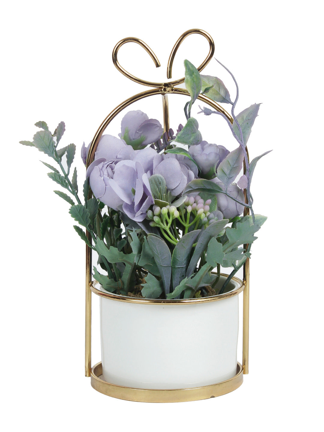 Green Artificial Plant with Purple Color Flowers and Pot Stand - Default Title (APL20179PU)
