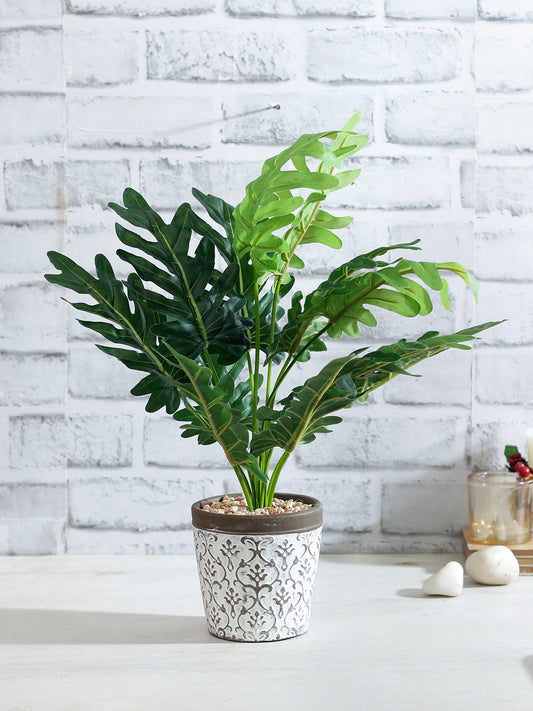 Green Artificial Cut Leaf Plant with White Printed Pot - Default Title (APL20185)