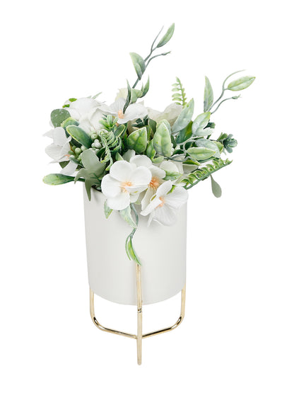 Decorative White pot with Artificial plant and Golden Stand - Default Title (APL21362)