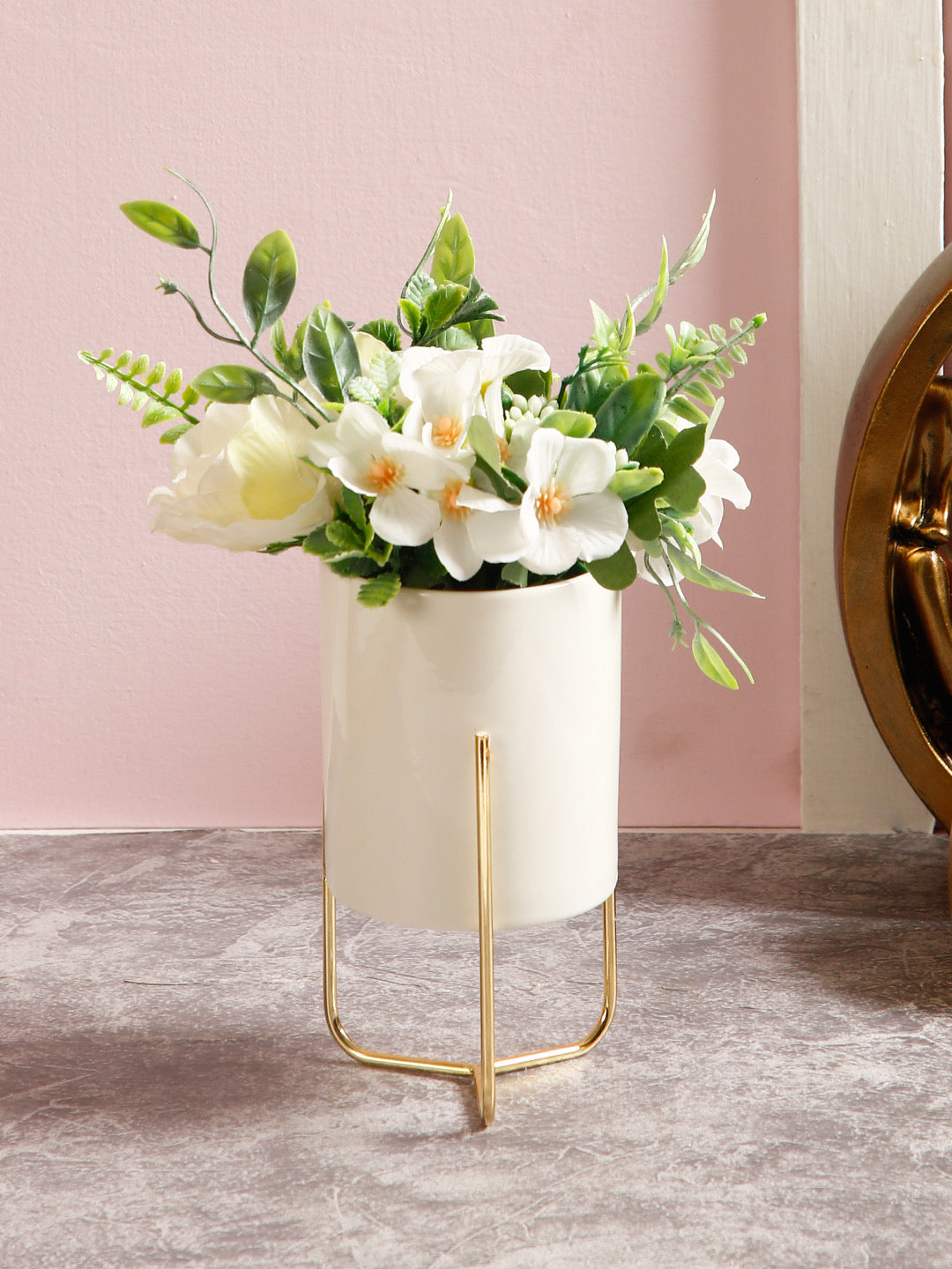 Decorative White pot with Artificial plant and Golden Stand - Default Title (APL21362)
