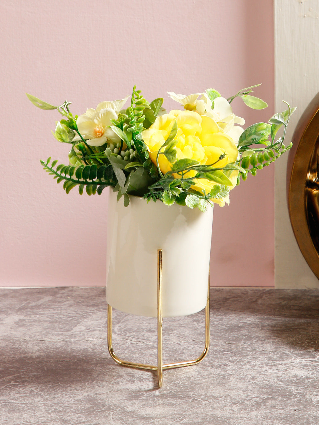 Highly Attractive white Pot and Golden Stand with Artificial plant - Default Title (APL21364)