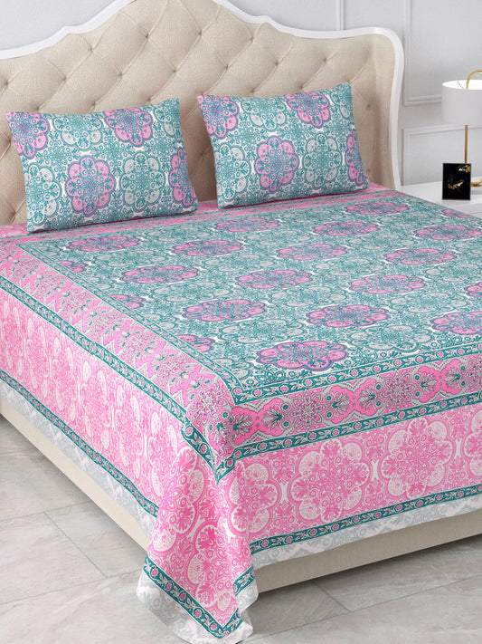 Jodhpur Pink & Teal Mirage Cotton Double Bedsheet with 2 Pillow Covers