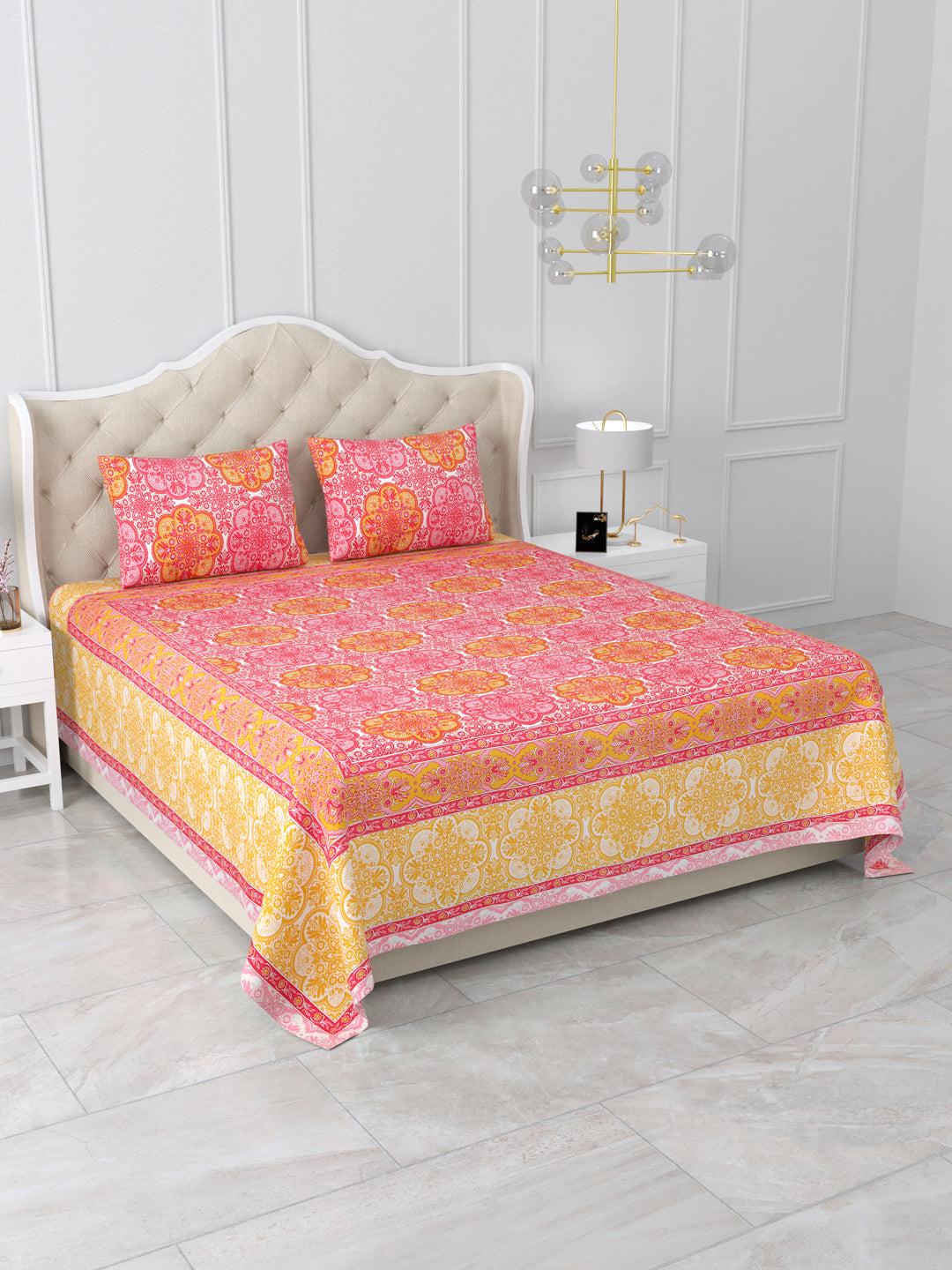 Jodhpur Yellow & Rust Mirage Cotton Double Bedsheet with 2 Pillow Covers