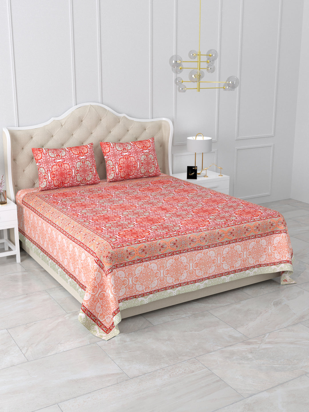 Jodhpur Orange Mirage Cotton Double Bedsheet with 2 Pillow Covers