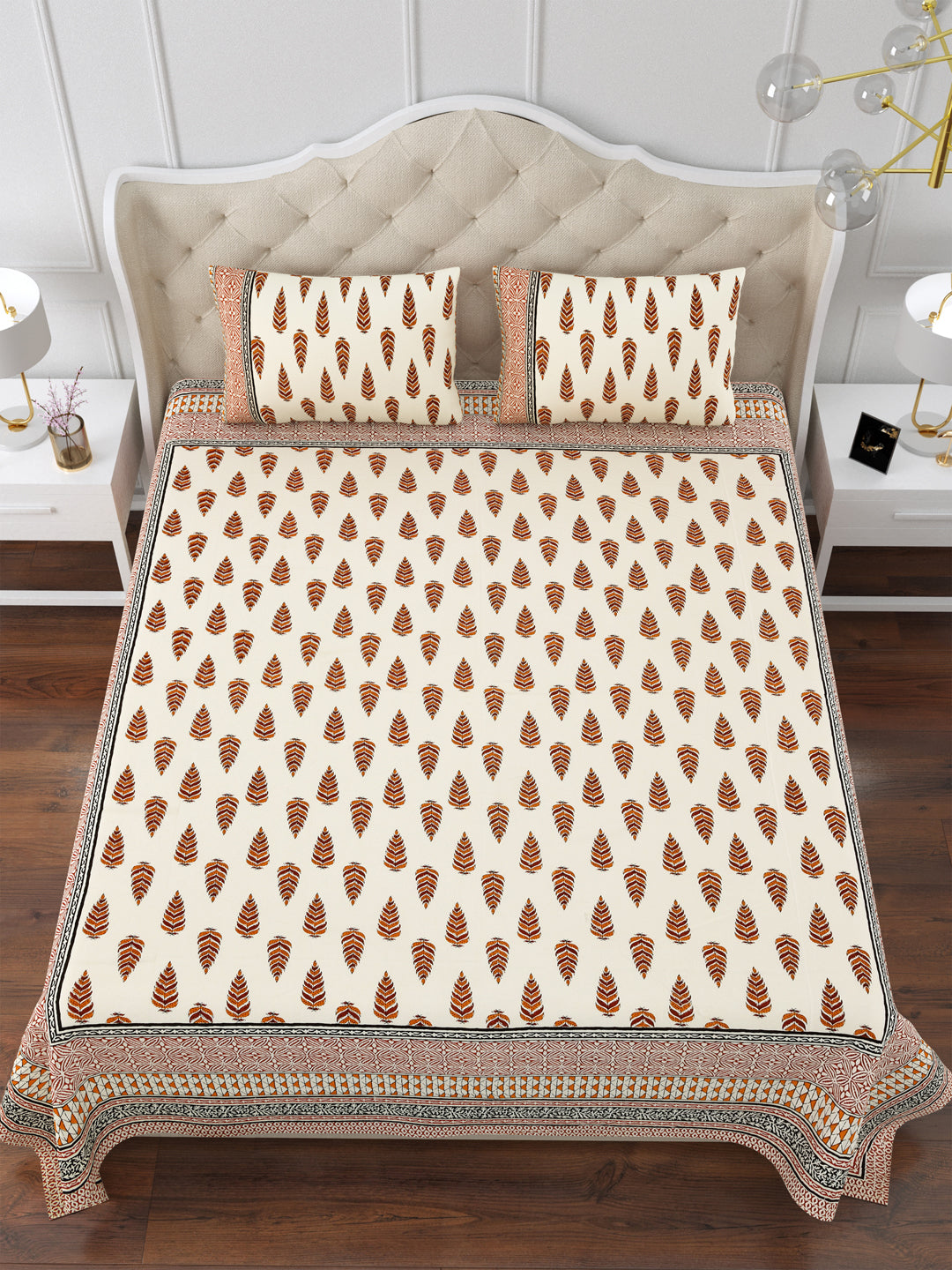 Brown & Orange Evergreen Desert Cotton Double Bedsheet with 2 Pillow Covers
