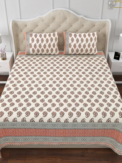 Ajrak Impressions Brown & Grey Cotton Double Bedsheet with 2 Pillow Covers