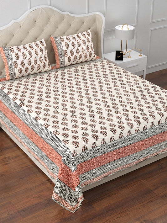 Ajrak Impressions Brown & Grey Cotton Double Bedsheet with 2 Pillow Covers