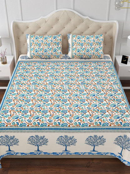 Blue Floral 144TC Cotton Double Bedsheet with 2 Pillow Covers