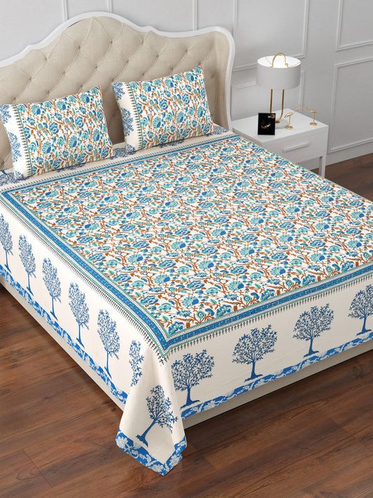 Blue Floral 144TC Cotton Double Bedsheet with 2 Pillow Covers