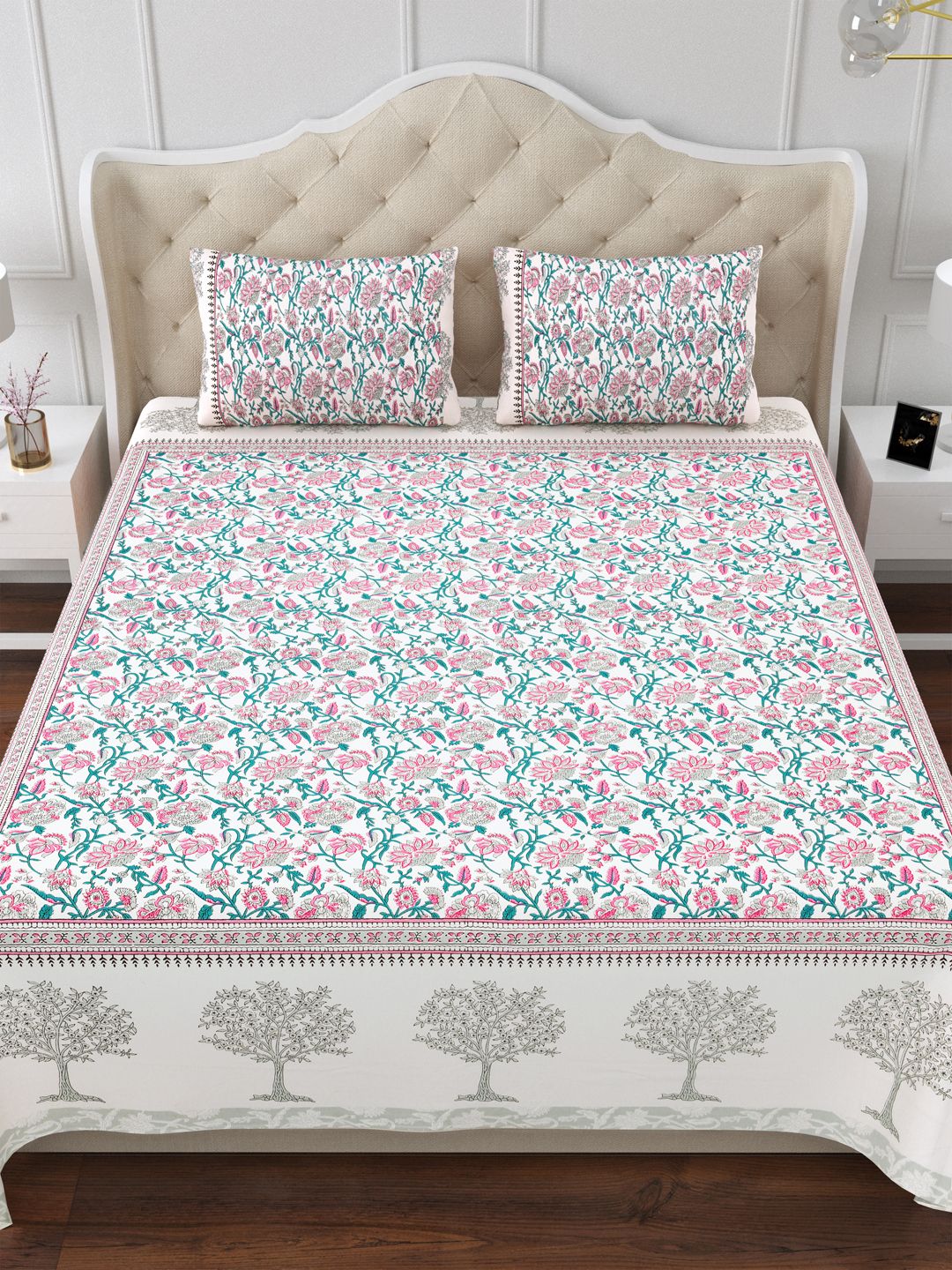 Floral Pure Cotton Double Bedsheet with 2 Pillow Covers