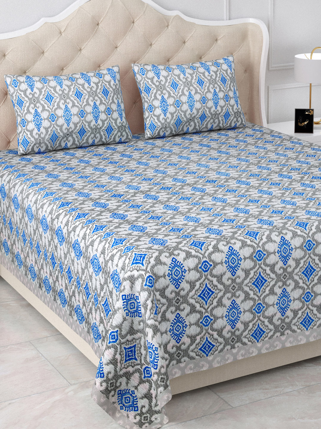 Blue & Grey Desert Symphony Cotton Double Bedsheet with 2 Pillow Covers