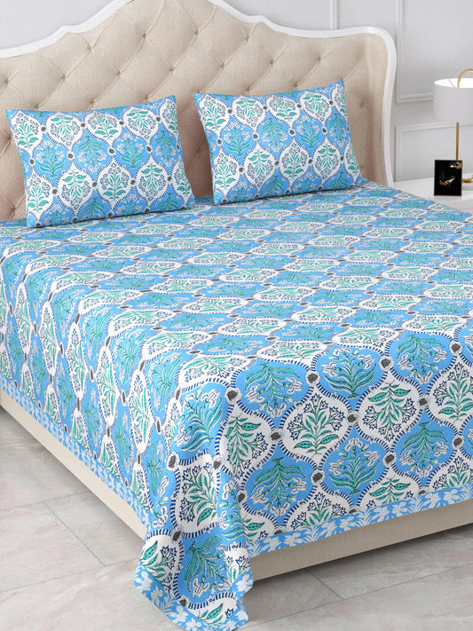 Maharani’s Dreamscapes Blue & White Cotton Double Bedsheet with 2 Pillow Covers