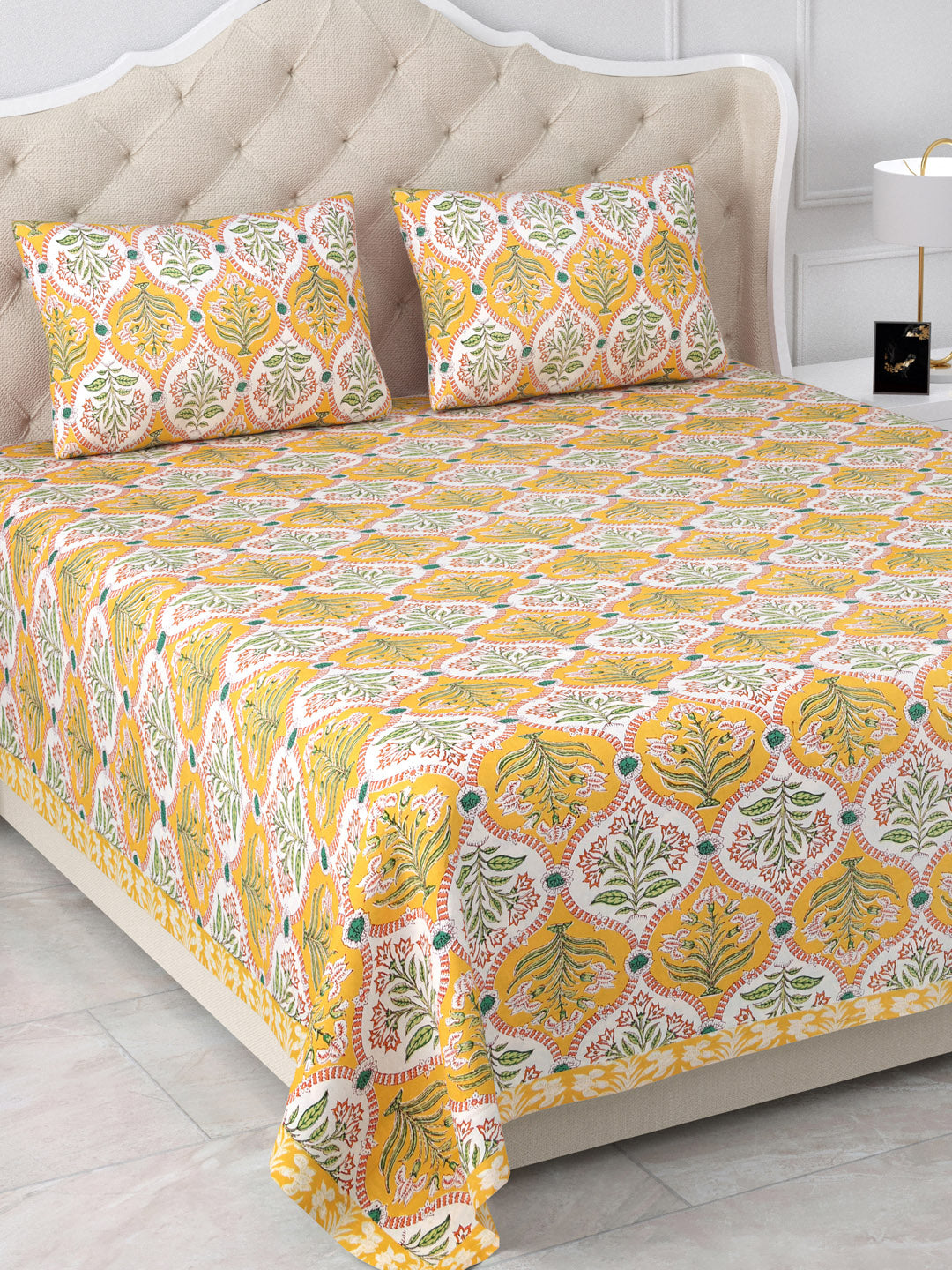 Maharani’s Dreamscapes Yellow & Green Cotton Double Bedsheet with 2 Pillow Covers