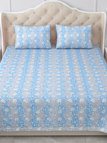 Grey & Blue Cotton Double Bedsheet with 2 Pillow Covers