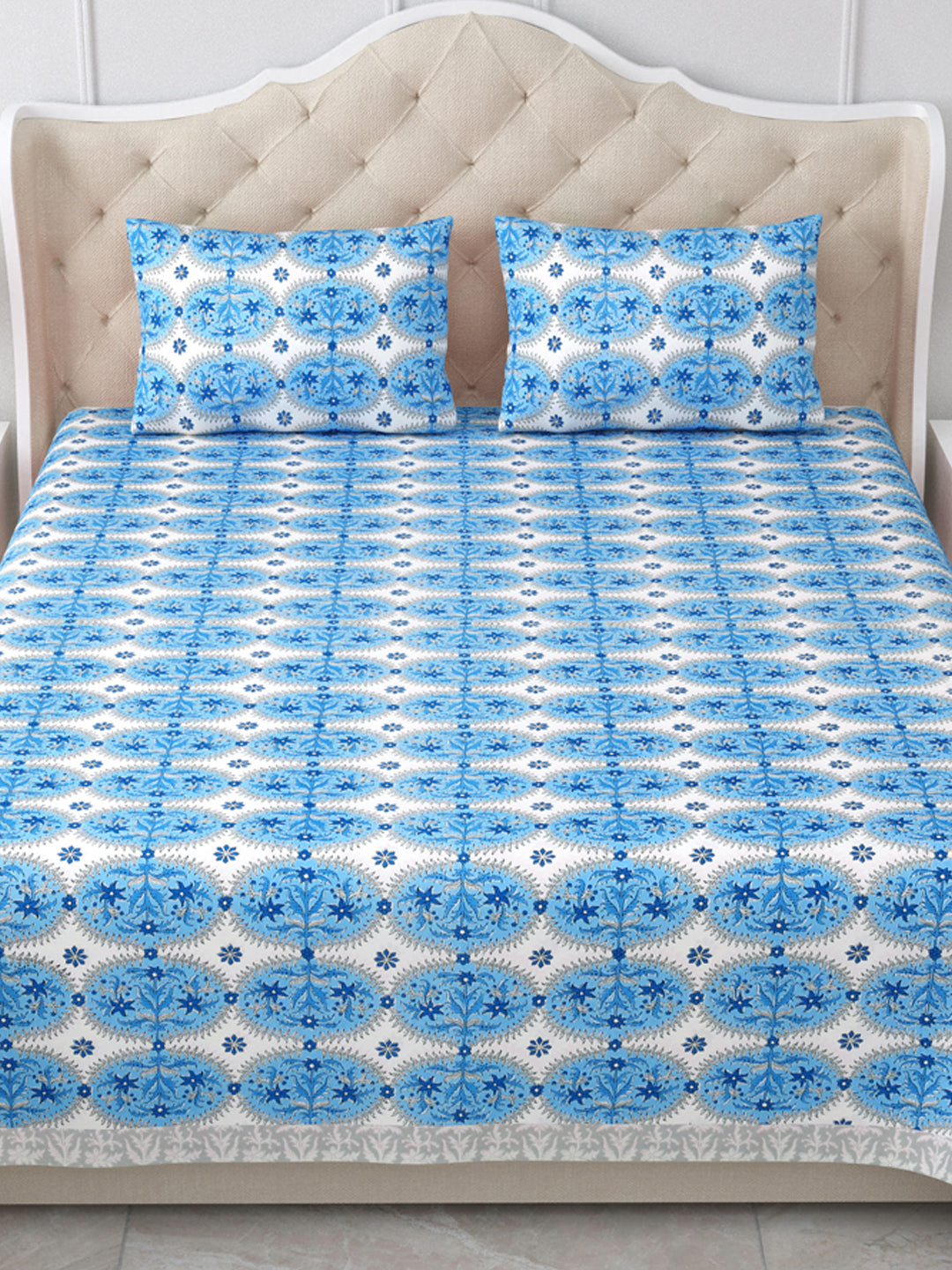Jaipur Blue Pottery Mosaic Cotton Double Bedsheet with 2 Pillow Covers