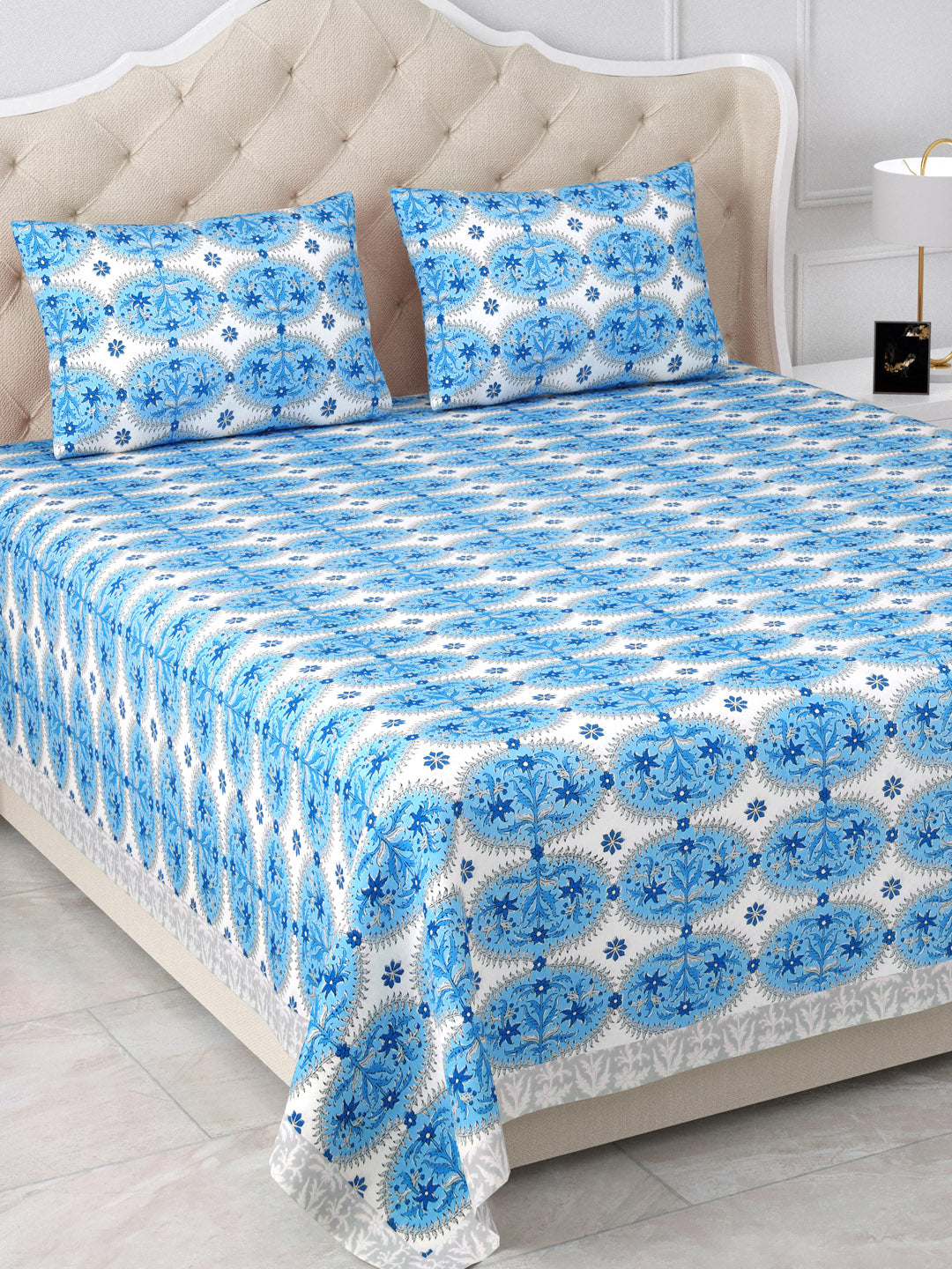 Jaipur Blue Pottery Mosaic Cotton Double Bedsheet with 2 Pillow Covers