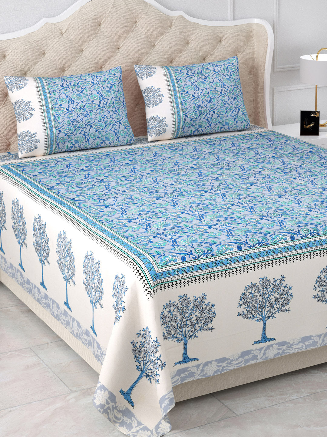 Blue Floral Symphony Cotton Double Bedsheet with 2 Pillow Covers