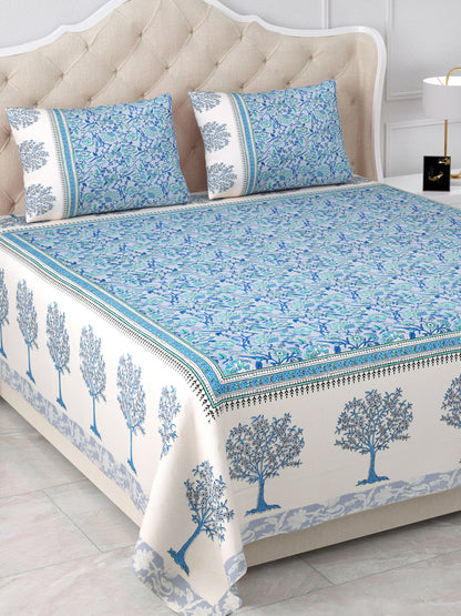 Blue Floral Symphony Cotton Double Bedsheet with 2 Pillow Covers