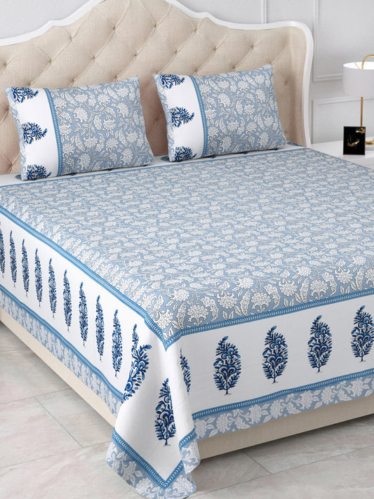 Blue & White Desert Gardens Cotton Double Bedsheet with 2 Pillow Covers