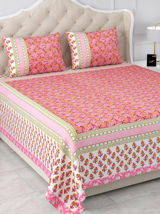 Maharaja’s Jewel Trail Pink & Green Cotton Double Bedsheet with 2 Pillow Covers
