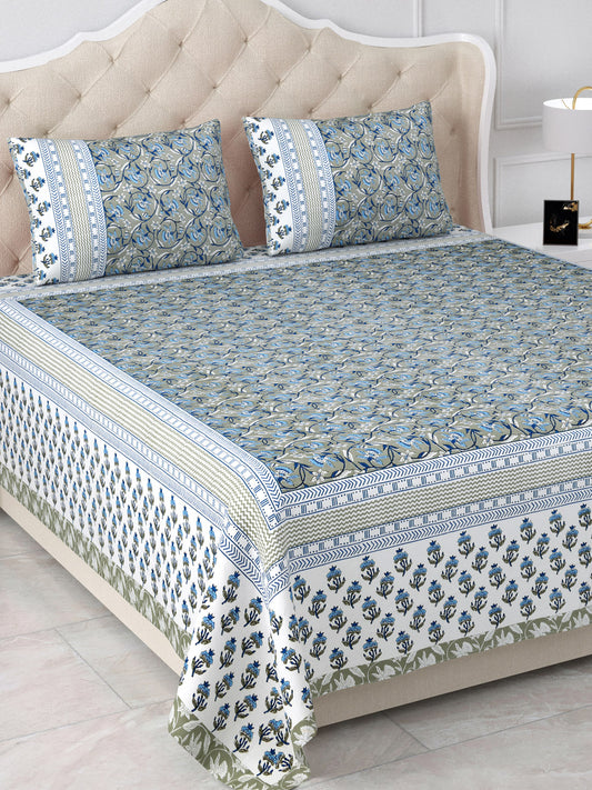 Maharaja’s Jewel Trail Grey & Blue Cotton Double Bedsheet with 2 Pillow Covers