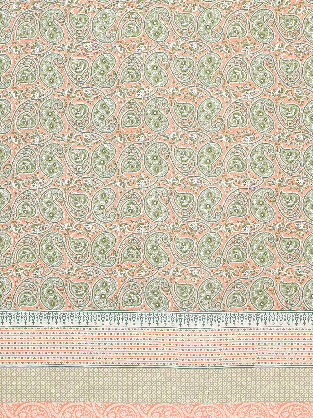 Heritage Hues Green & Peach Cotton Double Bedsheet with 2 Pillow Covers