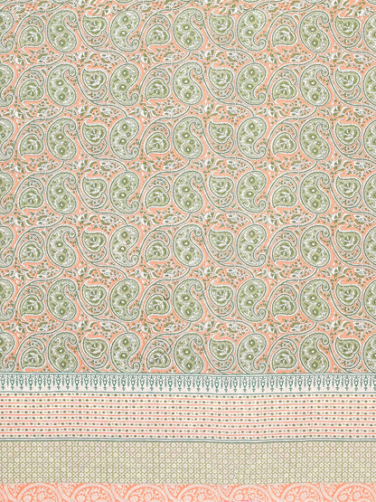 Heritage Hues Green & Peach Cotton Double Bedsheet with 2 Pillow Covers