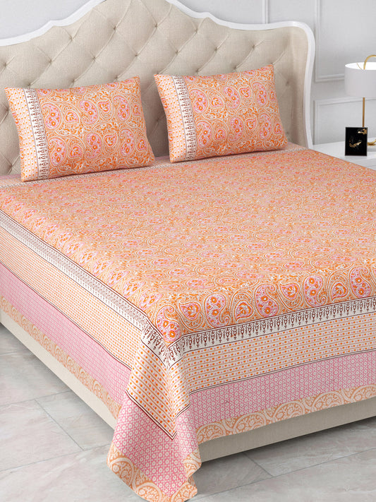 Heritage Hues Orange & Pink Cotton Double Bedsheet with 2 Pillow Covers